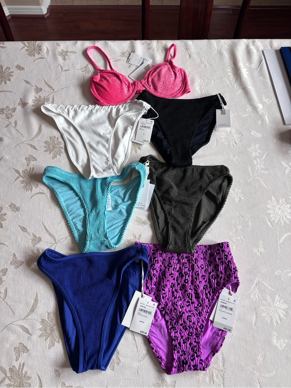 $482 Bundle 8 Pieces NWT Good American Bathing Suit XXS/XS Bikini Bottoms & Tops
